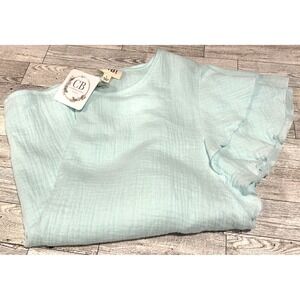 NWT BiBi Ruffle Sleeves Wrinkled Cotton Gauze Round Neck Relaxed Fit Blouse LG